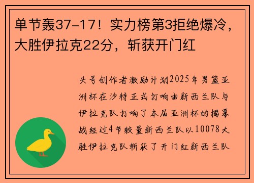 单节轰37-17！实力榜第3拒绝爆冷，大胜伊拉克22分，斩获开门红