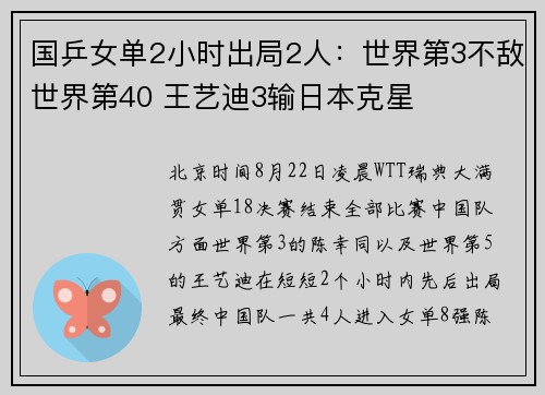 国乒女单2小时出局2人：世界第3不敌世界第40 王艺迪3输日本克星
